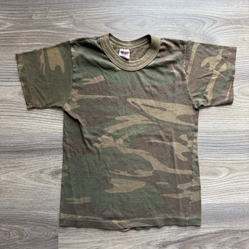 VTG 80s Camo Blank Essential Single Stitch T Shirt Youth Boys M USA